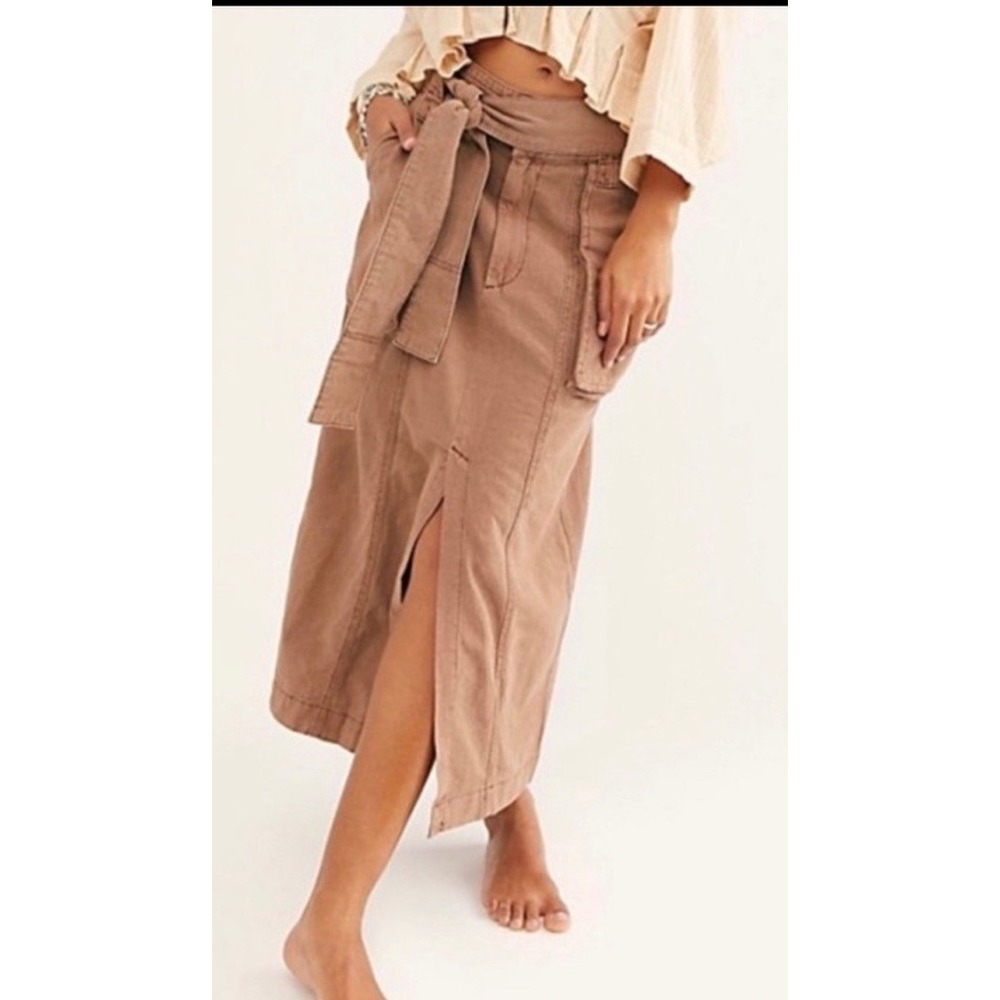 FREE PEOPLE Brown Catching Feelings Midi Utility Skirt 2 Linen Cotton